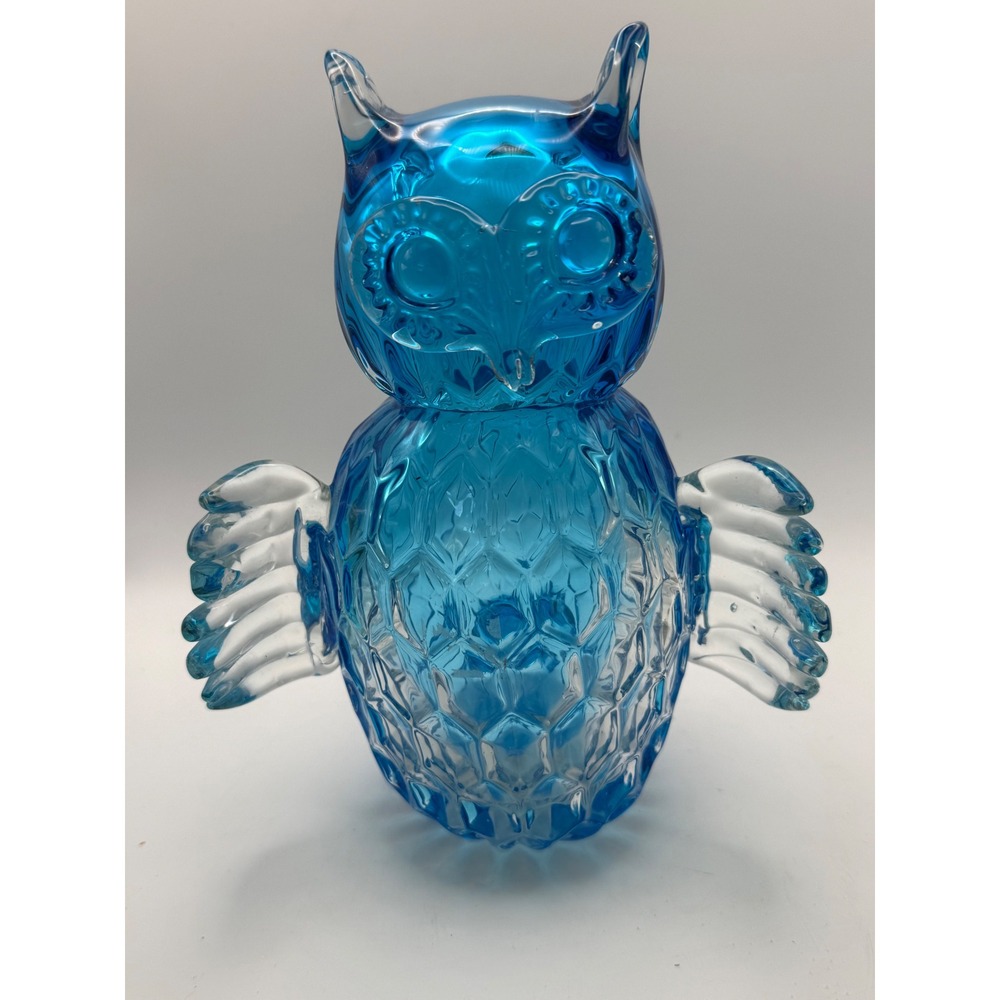Blue Art Glass‎ Owl Figurine Textured Diamond Body Clear Wings Mid Century Style